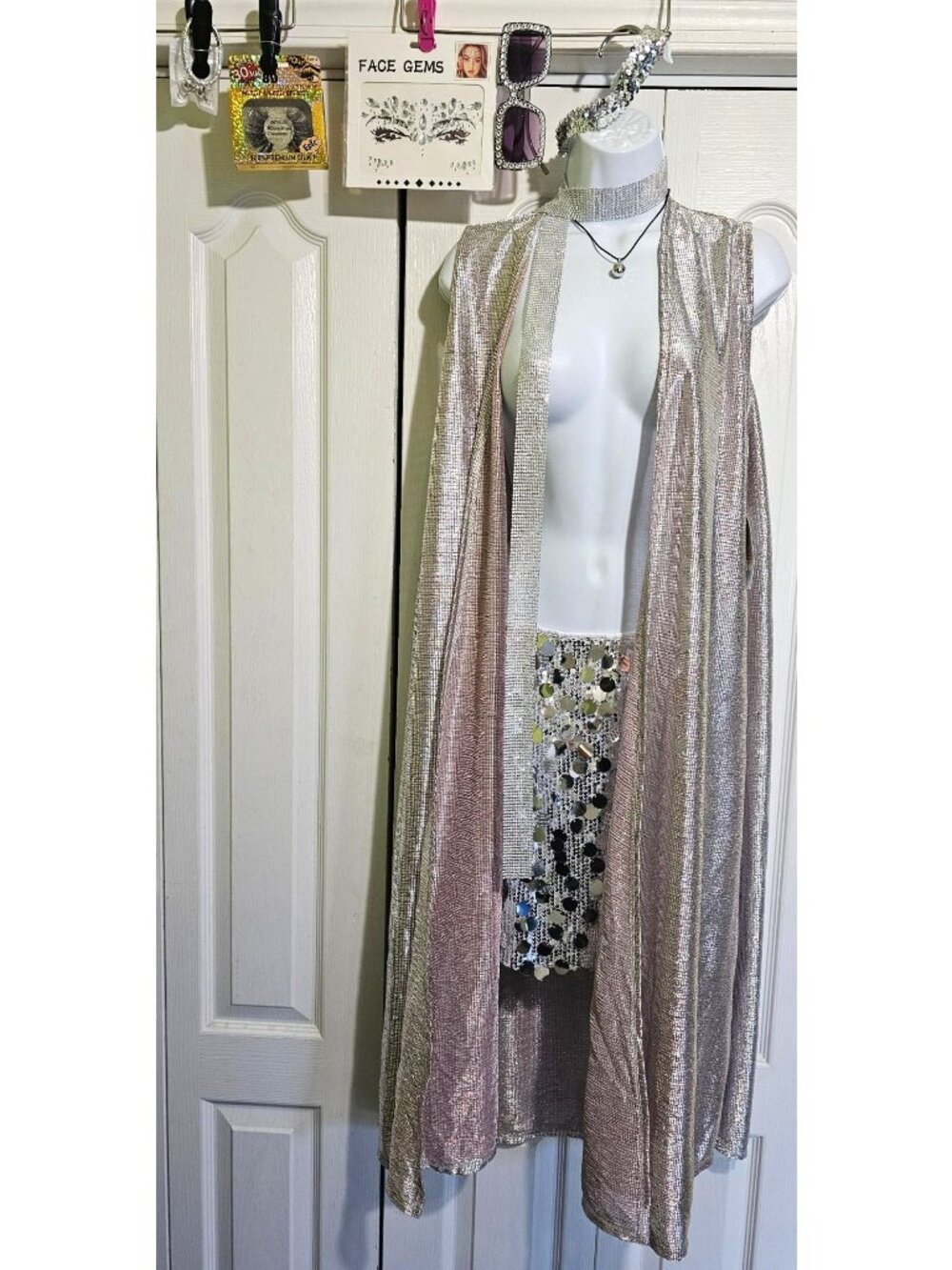 70s Disco Ball Womens Costume New Years Sequin Mini Skirt Jewelry Duster Glasses